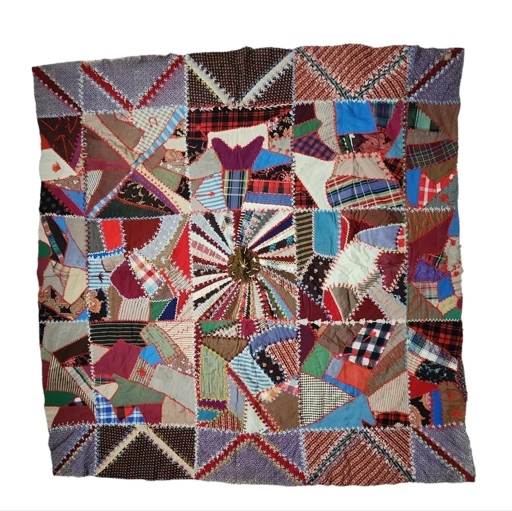 ANTIQUE Crazy Quilt top hand swen cotton quilt top to‎ be finished 65in x 65in